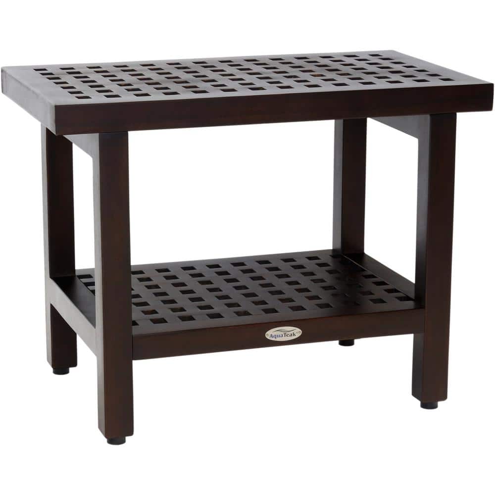 24 in. x 14 in. Grate Mocha-Shield Freestanding Teak Shower Bench with Shel