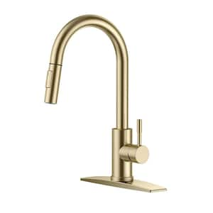 Single Handle Pull Down Sprayer Kitchen Faucet with Deckplate and Flexible Hose in Brushed Gold