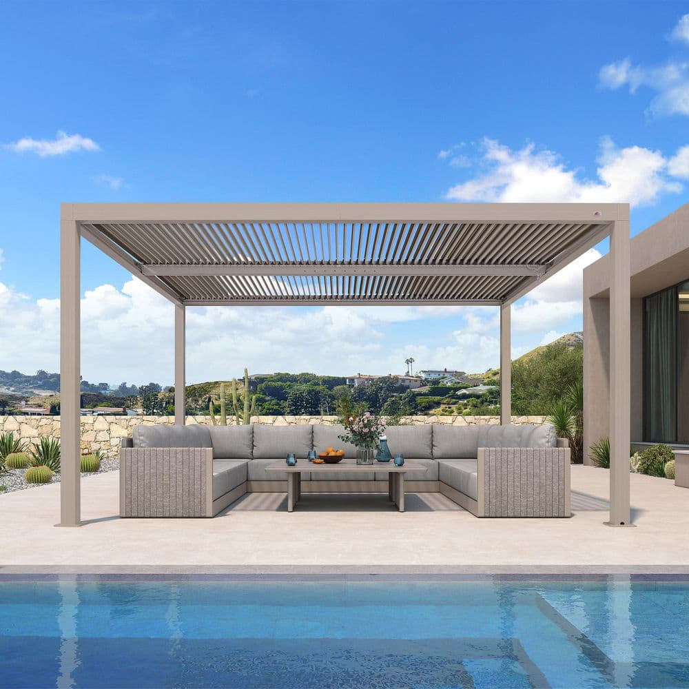 12 ft. x 14 ft. Champagne Aluminum Frame Outdoor Hardtop Louvered Pergola with Adjustable Roofs and In-Built Gutter price history on PriceWatchPro