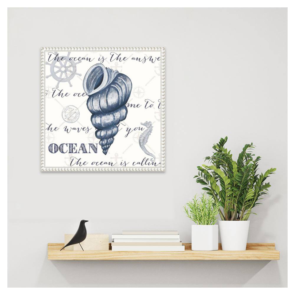 Indigo Ocean Treasures I Coastal Canvas Wall Art with White Beaded Frame