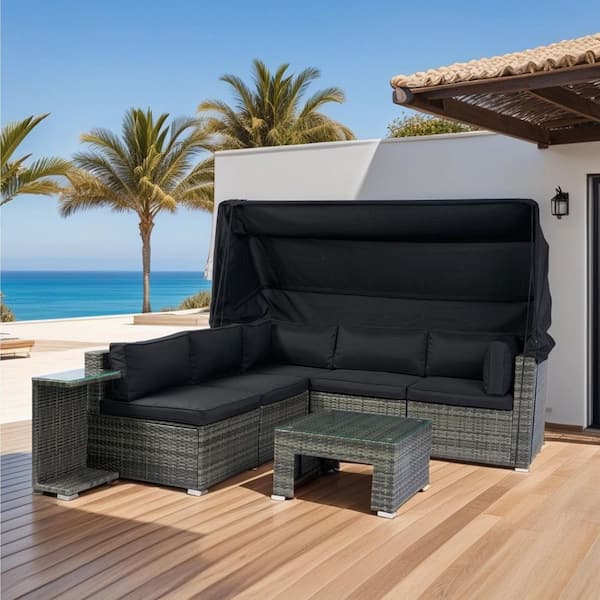 Nestfair 7-Piece Gray Wicker Patio Outdoor Sectional Set with Retractable Canopy and Black Cushions