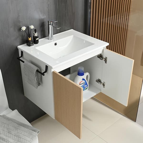 Yunus 24 in. Single Sink Floating White and Light Oak Bath Vanity with White Ceramic Top Unassembled