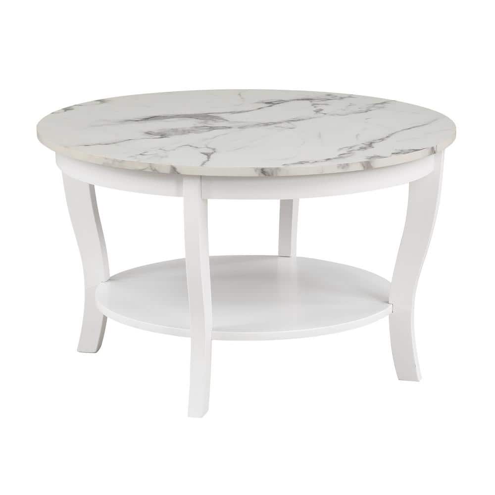 Heritage 30" Round White Faux Marble Coffee Table with Shelf