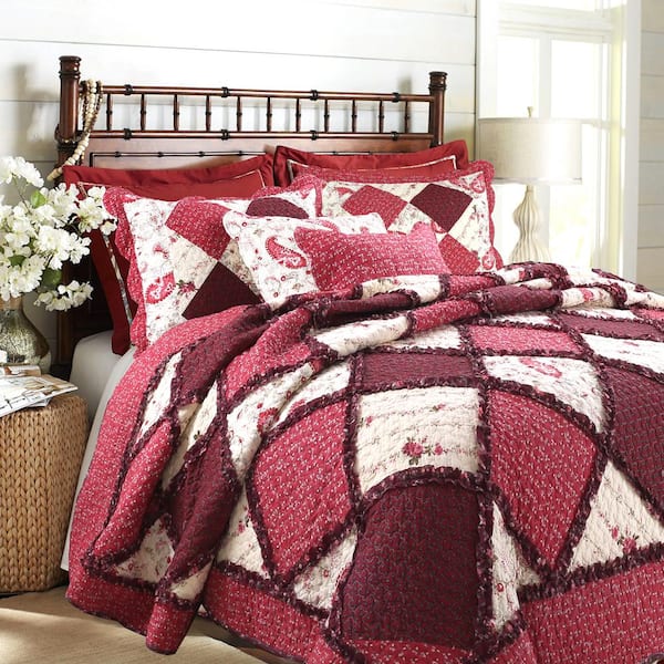 Cozy Line Home Fashions Rich Red Rose Floral Paisley 3-Piece Patchwork Ruffle Scalloped Vintage Farmhouse Cotton Queen Quilt Bedding Set