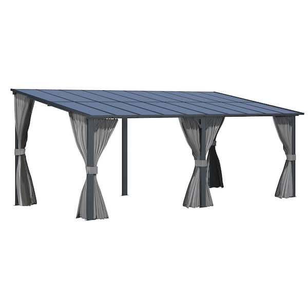 20 ft. x 10 ft. Outdoor Hard Top Gazebo for Patio, Large Wall-Mounted Lean to Pergola with Curtains and Netting