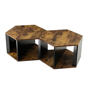 43 in. Black Hexagonal Wood Coffee Table Side End Table with 2 Pieces