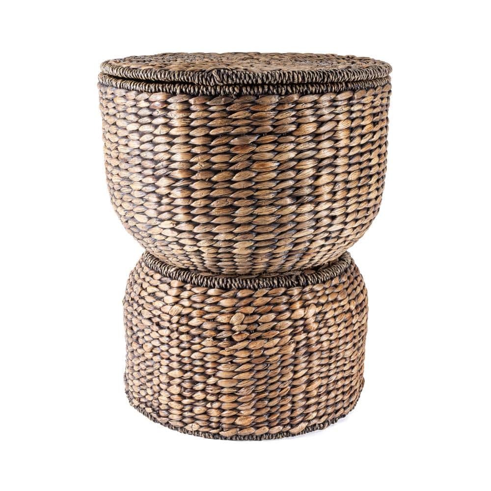 18" Brown Wash Handwoven Hyacinth Storage Accent Table