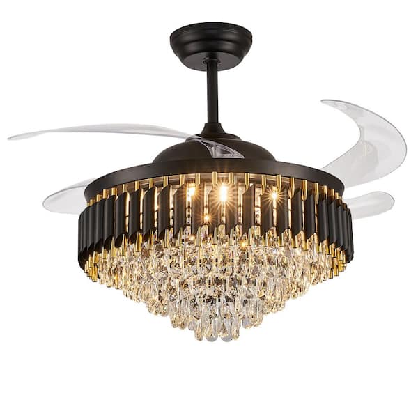 Pacific Core Large Luxury 52 in. Indoor Black and Gold LED Dimmable 6-Speed Crystal Ceiling Fan with Light with Remote Included