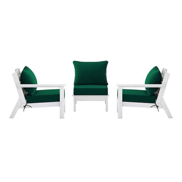 Birchwood White Arrangeable 3-Piece HDPE Deep Seating Outdoor Patio Conversation Sofa Arm Chair Set w/ Green Cushions