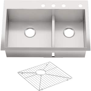 Vault Smart Divide Dual Mount Stainless Steel 33 in. 4-Hole Double Basin Kitchen Sink with Basin Rack
