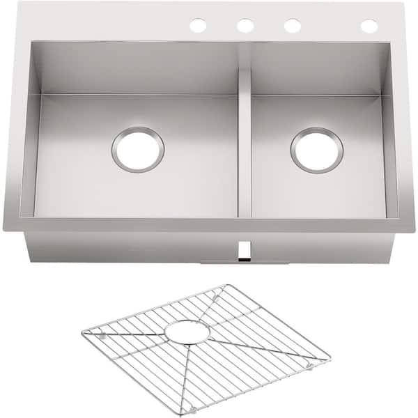 KOHLER Vault Smart Divide Dual Mount Stainless Steel 33 in. 4-Hole Double Basin Kitchen Sink with Basin Rack