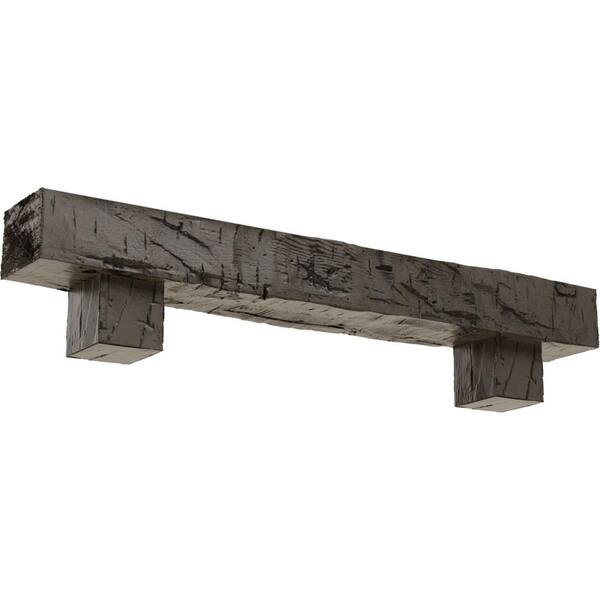 Ekena Millwork 4 in. x 4 in. x 4 ft. Hand Hewn Faux Wood Fireplace Mantel Kit, Alamo Corbels, Burnished Honey Dew