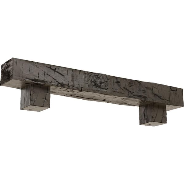 Ekena Millwork 4 in. x 6 in. x 6 ft. Hand Hewn Faux Wood Fireplace Mantel Kit with Alamo Corbels, Burnished Honey Dew