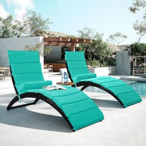 Wicker Outdoor Chaise Lounger with Removable Cushion and Bolster Pillow and Turquoise Cushion in Blue 2 sets