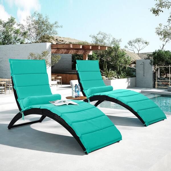 Unbranded Wicker Outdoor Chaise Lounger with Removable Cushion and Bolster Pillow and Turquoise Cushion in Blue 2 sets