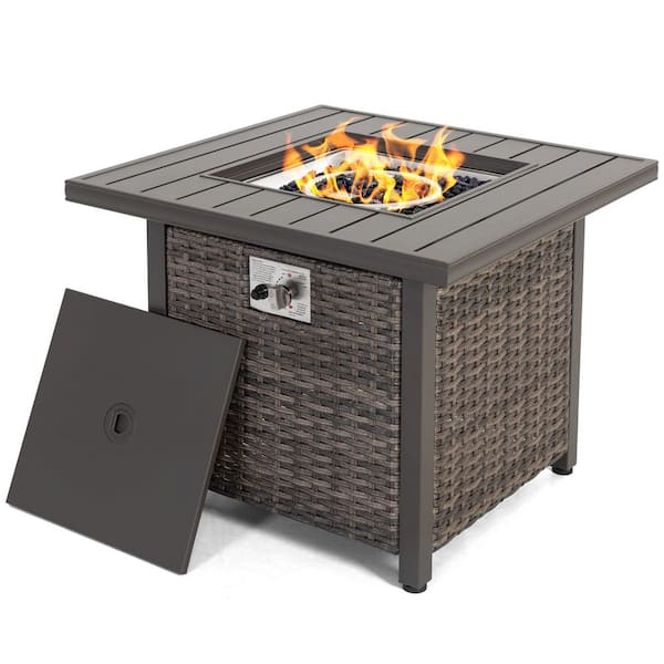 30 in. Square Rattan Propane Gas Brown Fire Pit Table with Lid and Glass Beads