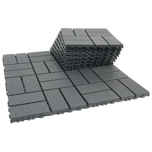 FIROMO 12 in. x 12 in. Plastic Gray Square Pattern Interlocking Floor Outdoor Patio Deck All-Weather Tiles (44-Pack)