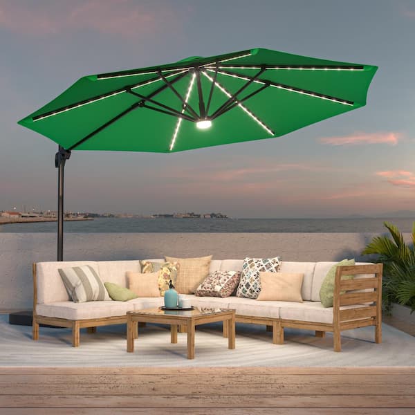 Sonkuki 11 ft. LED Outdoor Cantilever Patio Umbrella with a Base and 360° Rotation and Infinite Canopy Angle Kelly Green