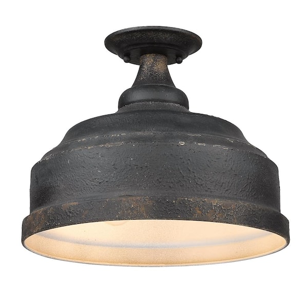 Golden Lighting Keating 13.75 in. 3-Lights Antique Black Iron Semi-Flush Mount