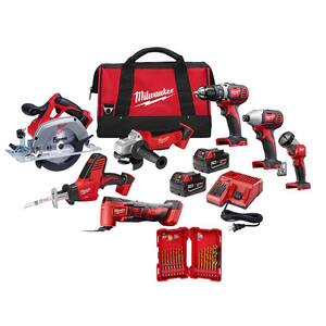 Milwaukee M18 18V Lithium-Ion Cordless Combo Tool Kit (7-Tool) with Two 3.0 Ah Batteries, Charger, Tool Bag and Drill Bit Set