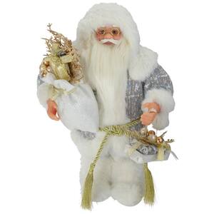 12 in. White and Gold Standing Santa Carrying a Full Sac Of Presents Christmas Figure