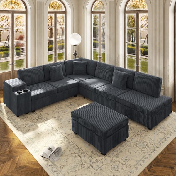 Eve 110.2 in. Storage Armrest Corduroy Modular Convertible Sectional Sofa in Dark Gray with Ottoman,USB Ports,Cup Holder