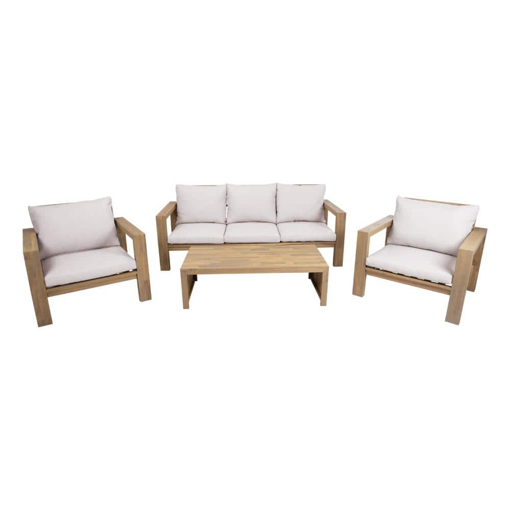 Teak 4-Piece Patio Sofa Set, Outdoor 5-Person Sofa Set with Cushions and a Coffee Table