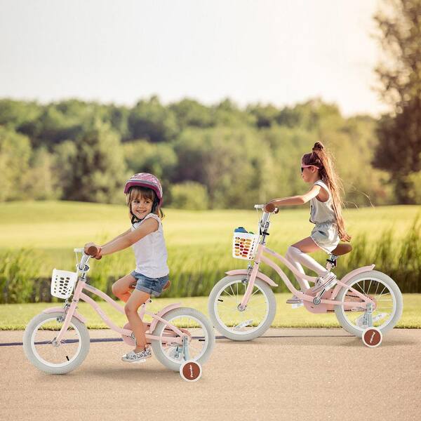 16 inch Kids Bike with Front Handbrake and 2 Training Wheels Pink Costway