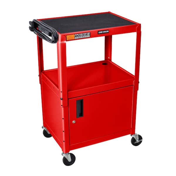 Luxor Adjustable Height 24 in. Steel A/V Cart with Cabinet in Red