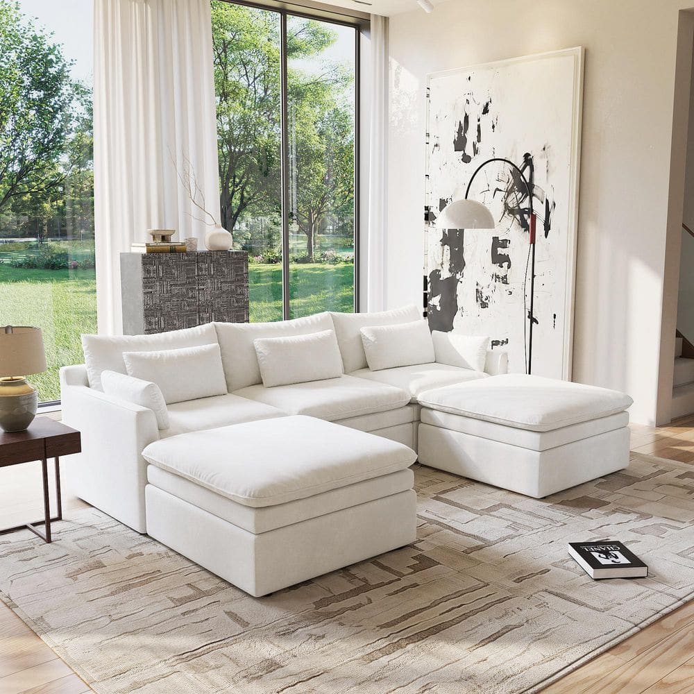 Machine Washsble 117 in. Track Arm 5-piece Polyester Velvet Modular Sectional Sofa U-Shape Couch in White with Ottomans price history on PriceWatchPro