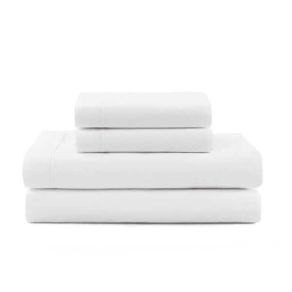 Solid 4-Piece White/White Cotton King Sheet Set