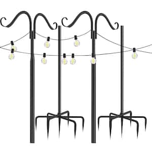 108 in. Outdoor String Light Pole, Black Steel Shepard's Hooks for Outside String Lights with 2 Optional Hooks (2-Pack)