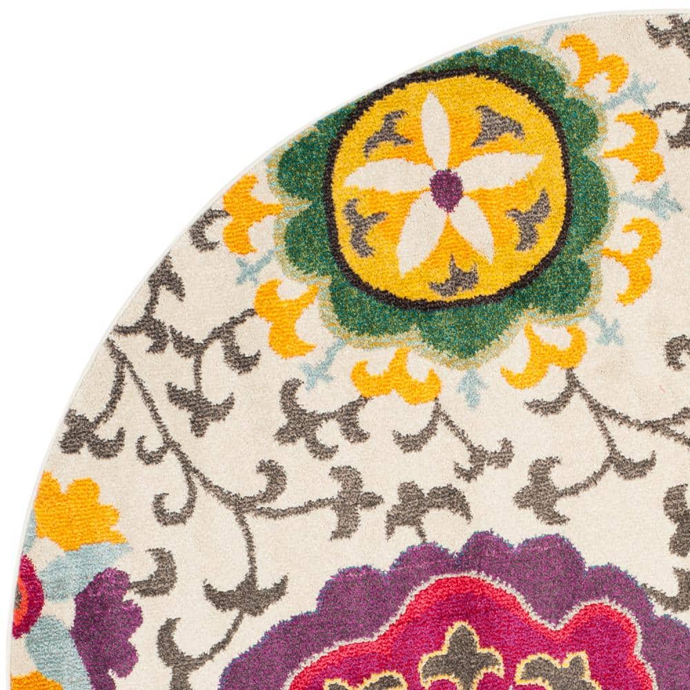Ivory Floral Memory Foam Round Rug with Easy Care Synthetic