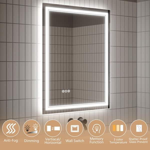 30 in. W x 36 in. H Rectangular Frameless Anti-Fog Wall Dimmable Backlit Dual LED Bathroom Vanity Mirror in Silver