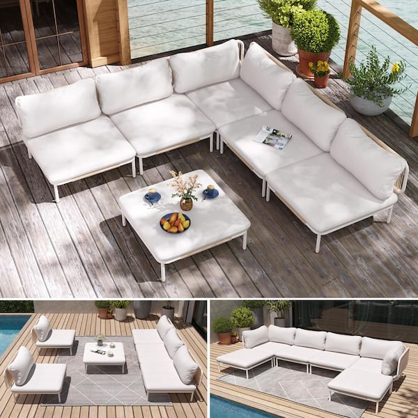 6-Piece Metal Outdoor Sectional Sofa with Beige Cushions 6-Armrest