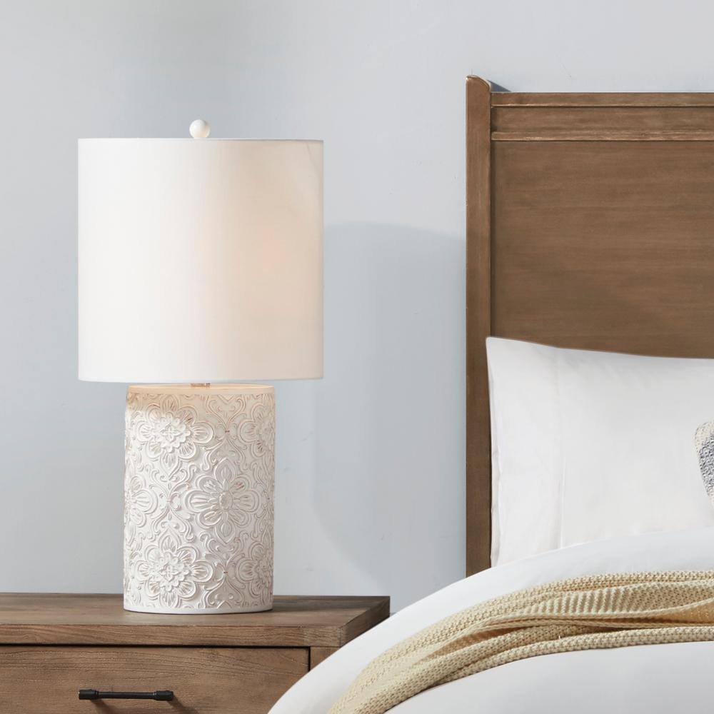 Ivory Floral Embossed Resin Cylinder Table Lamp with 3-Way Switch