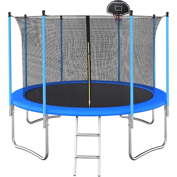 Unbranded 12 ft. Round Outdoor Recreational Trampoline with Safety Fence Net, Basketball Stand, Easy to Assemble, Blue
