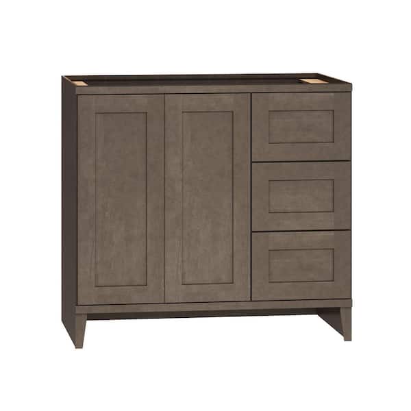 QuickShip Cottage 36 in. W x 21 in. D x 34.5 in. H Assembled Bath Sink Base Cabinet in Fieldstone with 3-Drawers (Right)
