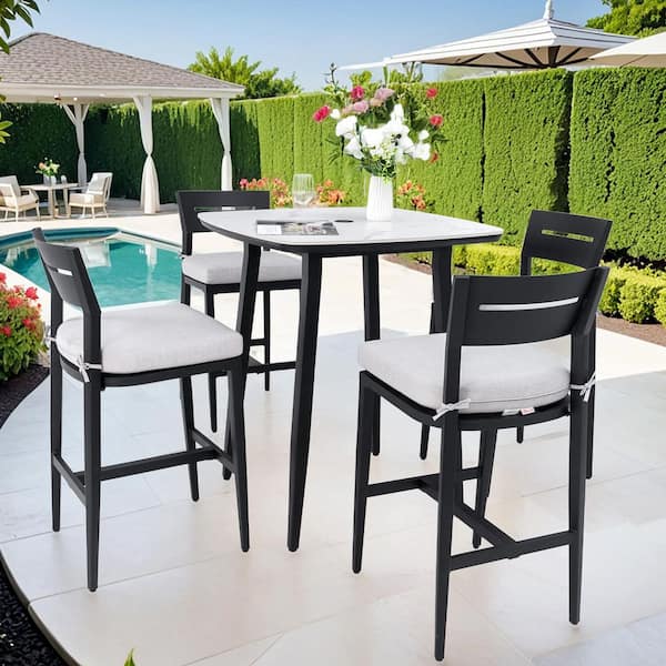 5-Piece Aluminum Patio Bar Height Outdoor Dining Set with Sunbrella Beige Cushions