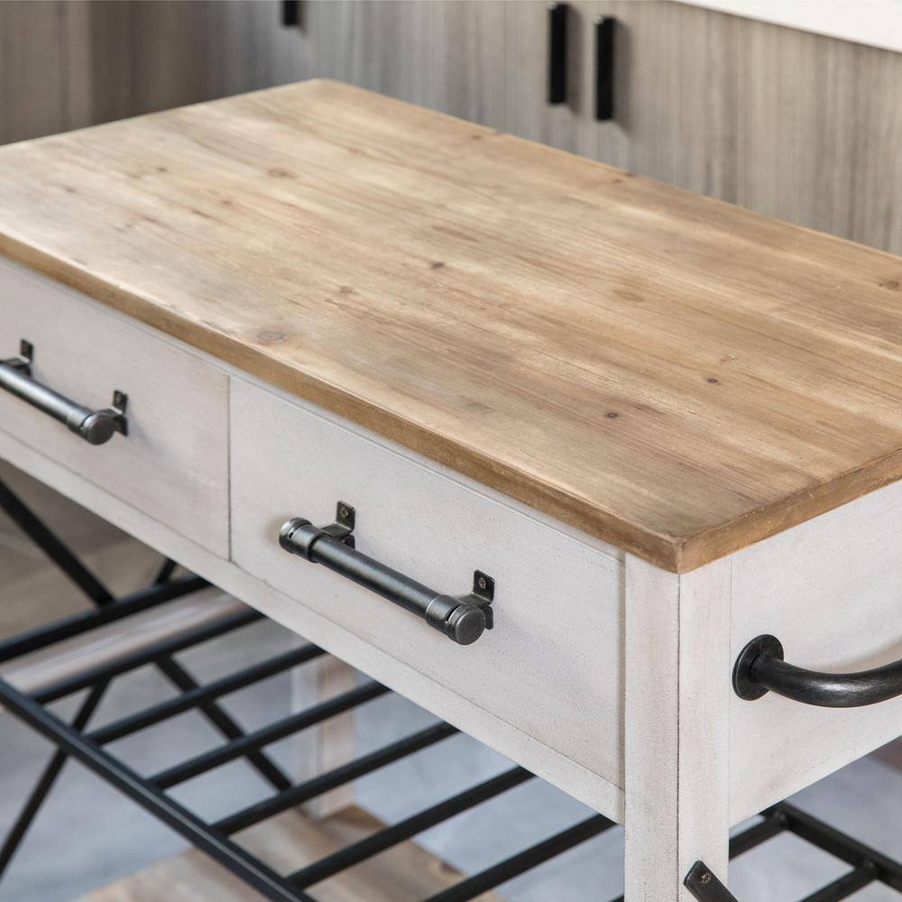 Off-White and Brown Wood Kitchen Cart with Wine Rack