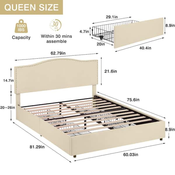 Velvet Storage Beige Metal Frame Queen Platform Bed with 4 Drawers, Upholstered Bed with Adjustable Headboard