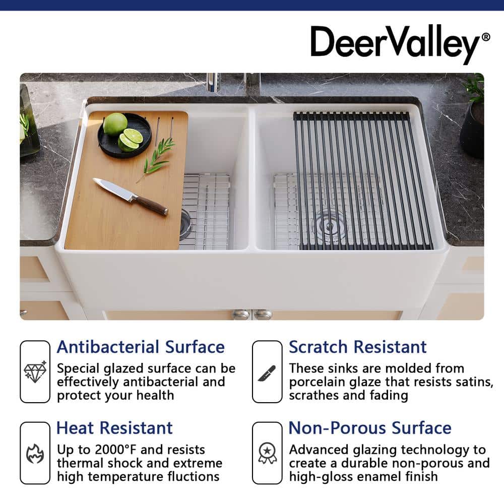 33" White Fireclay Double Bowl Farmhouse Workstation Sink