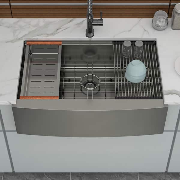 36 in. Farmhouse Single Bowl 16-Gauge Gunmetal Black Stainless Steel Kitchen Sink with Workstation