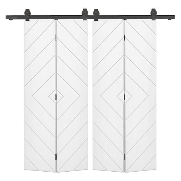 Diamond 40 in. x 80 in. White Painted MDF Modern Bi-Fold Double Barn Door with Sliding Hardware Kit