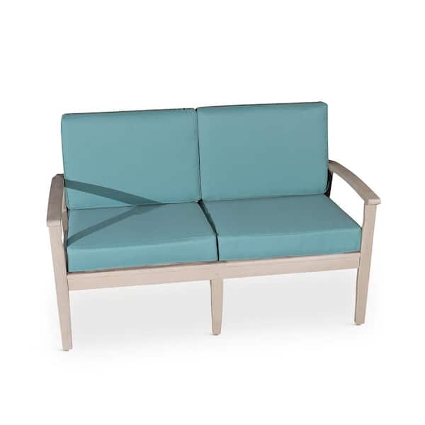 ITOPFOX Gray Finish Wood Outdoor Eucalyptus Loveseat with Sage Cushions