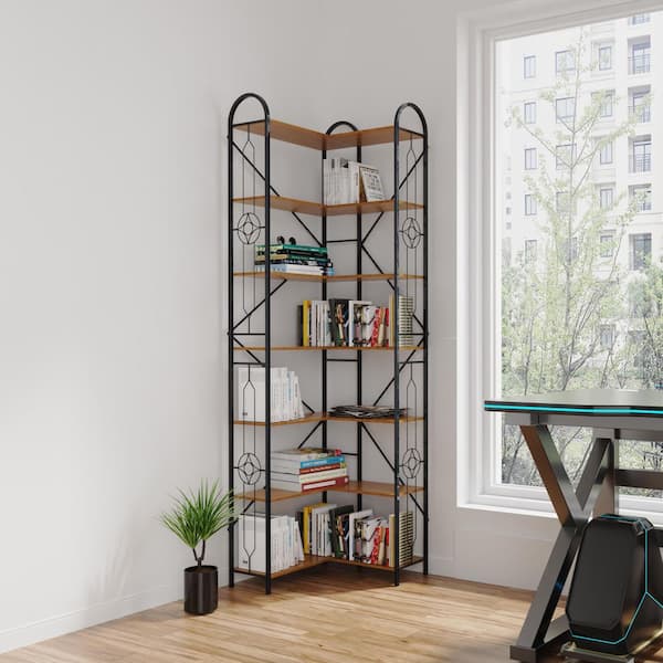 86.02 in. H x 25.04 in. D Brown 7-Tier Industrial Style Storage Shelf, Corner Bookshelf w/ Metal Frame and 7-MDF Shelves