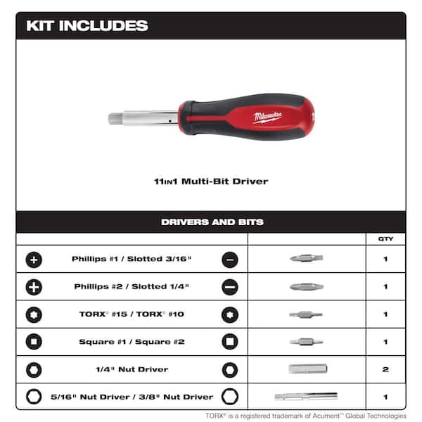 11-in-1 Multi-Tip Screwdriver with Square Drive Bits