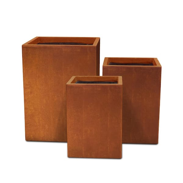 KANTE 19", 16" and 13"H Faux Weathering Steel Finish Concrete Tall Square (Set of 3) Outdoor Indoor Lightweight Planters