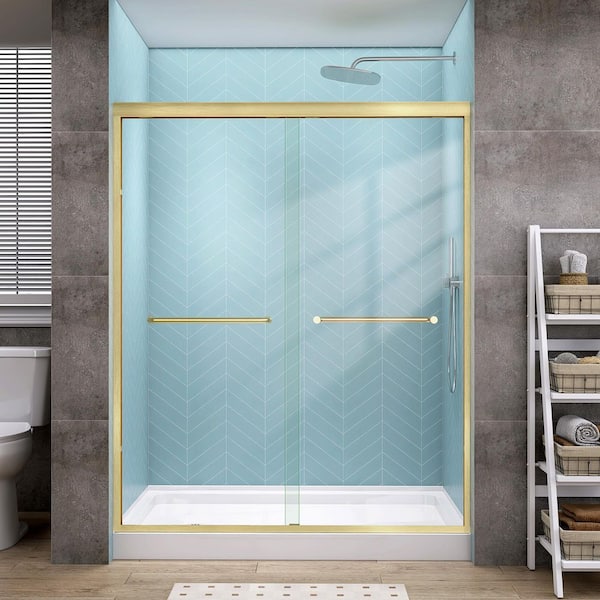 60 in. W x 72 in. H Double Sliding Semi-Frameless Shower Door in Matte Brushed Gold with 1/4 in. Clear Glass