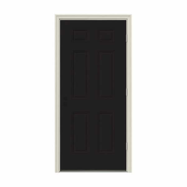 JELD-WEN 30 in. x 80 in. 6-Panel Black Painted Steel Prehung Left-Hand Outswing Front Door w/Brickmould